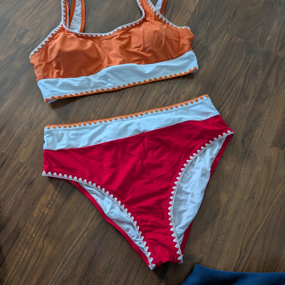 Cupshe Red White Bikini Bottom with Orange Trim